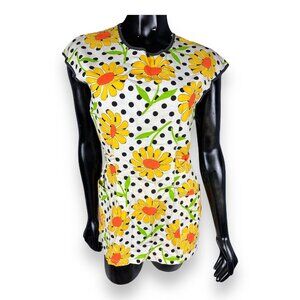 Vintage 60s Polka Dot Retro Daisy Smock Chore Apron Hippie House Wife Tie Back